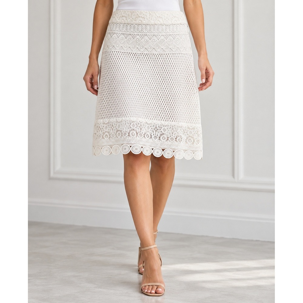 bebe A-Line Skirt White Lace Mesh Embroidered Boho Feminine Coastal Size 6